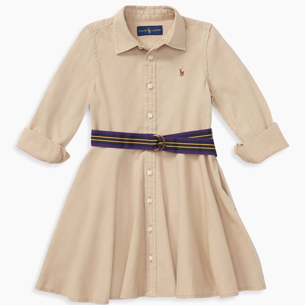 Ralph Lauren belted long sleeve khaki chino dress with collar little girls sz 6